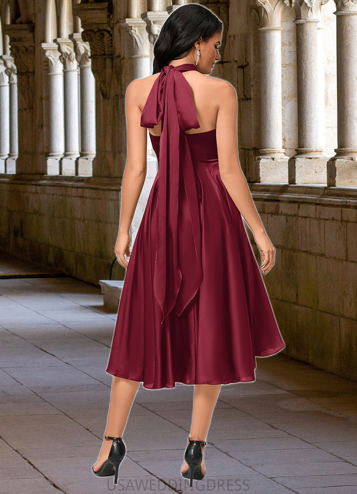 Aniyah A-line Halter One Shoulder V-Neck Asymmetrical Silky Satin Cocktail Dress With Ruffle DSP0022280