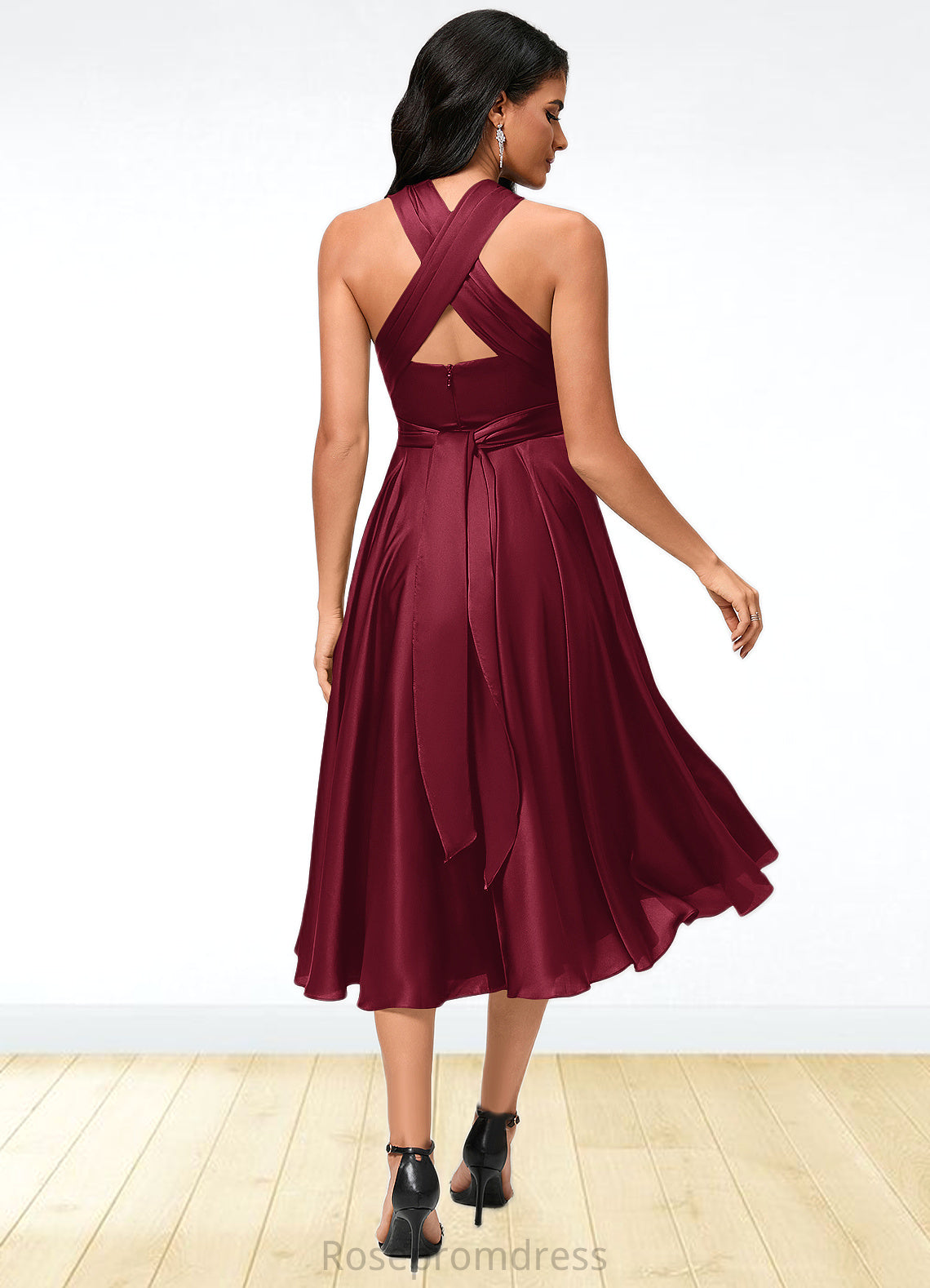 Rylie A-line Halter One Shoulder V-Neck Asymmetrical Silky Satin Cocktail Dress With Ruffle SRSP0022280
