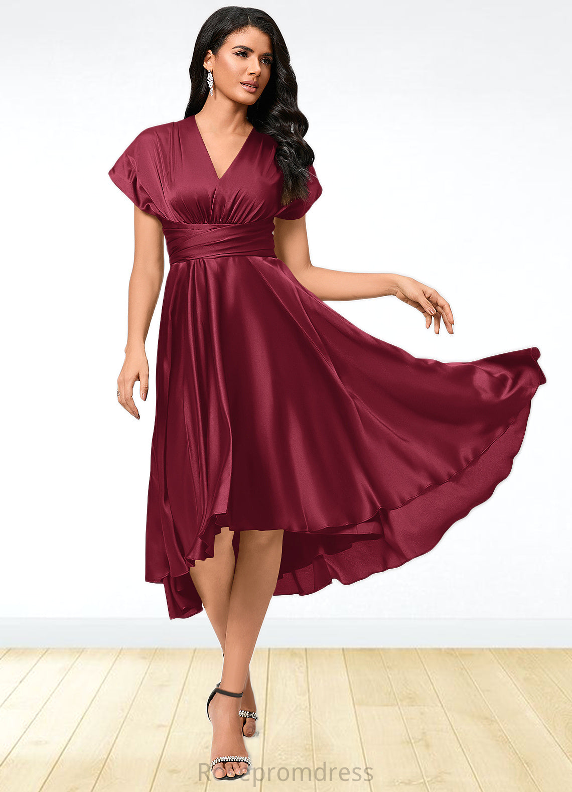 Rylie A-line Halter One Shoulder V-Neck Asymmetrical Silky Satin Cocktail Dress With Ruffle SRSP0022280