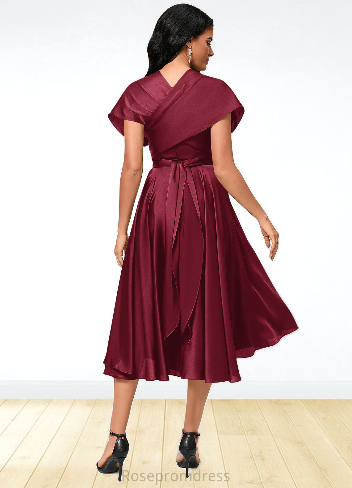 Rylie A-line Halter One Shoulder V-Neck Asymmetrical Silky Satin Cocktail Dress With Ruffle SRSP0022280