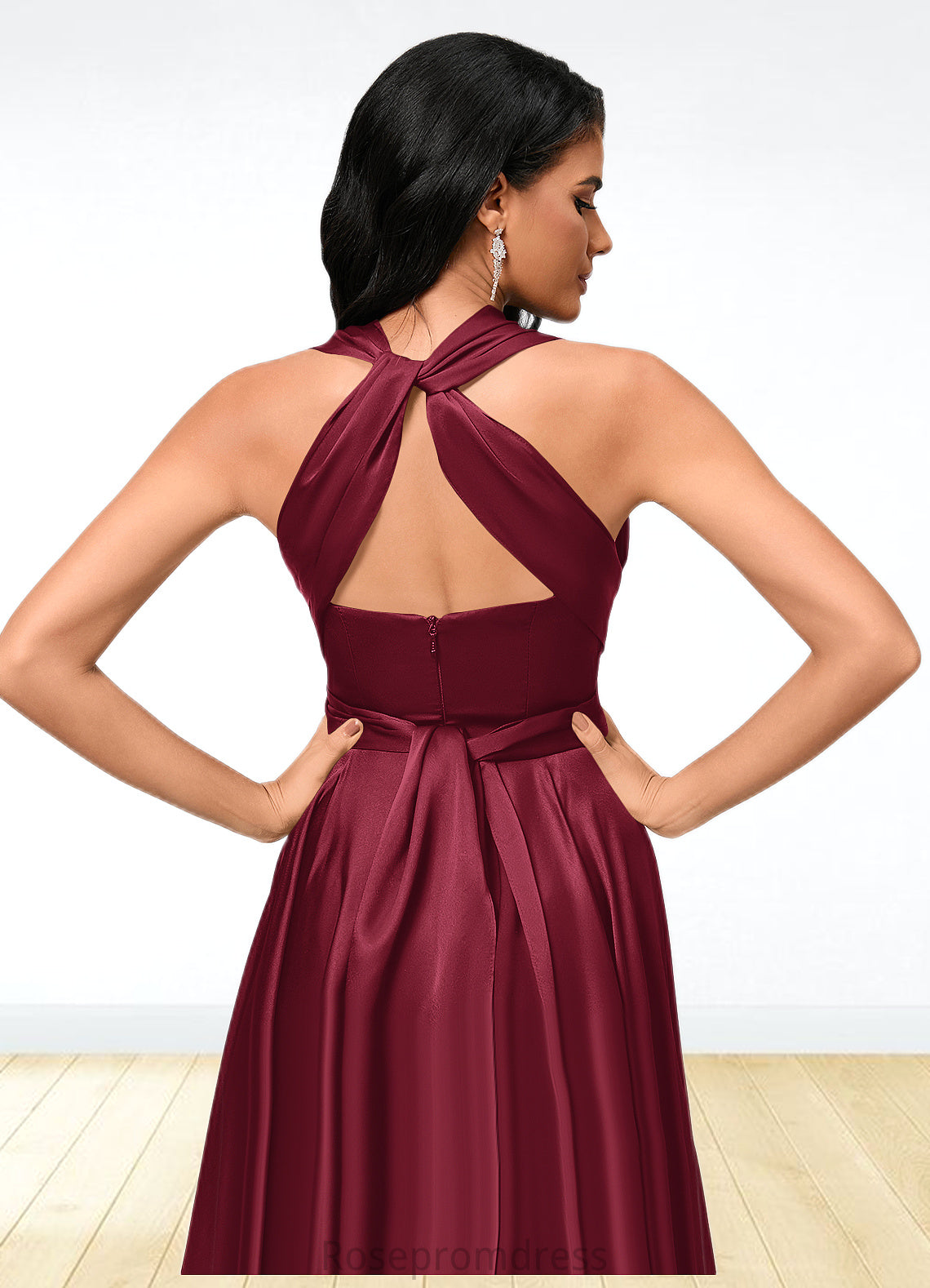 Rylie A-line Halter One Shoulder V-Neck Asymmetrical Silky Satin Cocktail Dress With Ruffle SRSP0022280