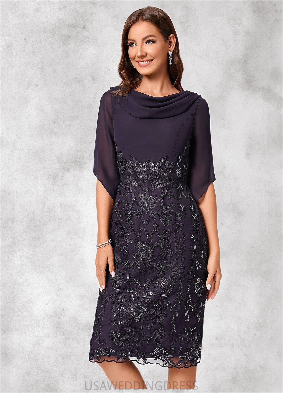 Janice Sheath/Column Cowl Knee-Length Chiffon Lace Cocktail Dress With Ruffle Sequins DSP0022287