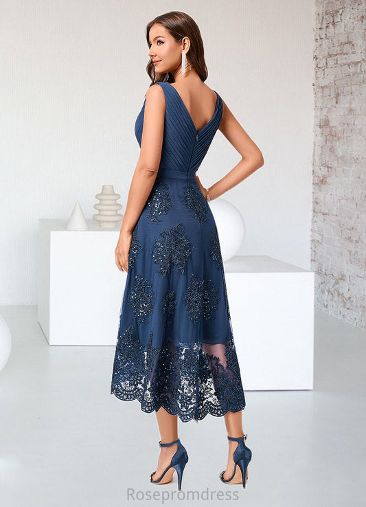 Serena A-line V-Neck Asymmetrical Chiffon Lace Sequin Cocktail Dress With Pleated Sequins SRSP0022288