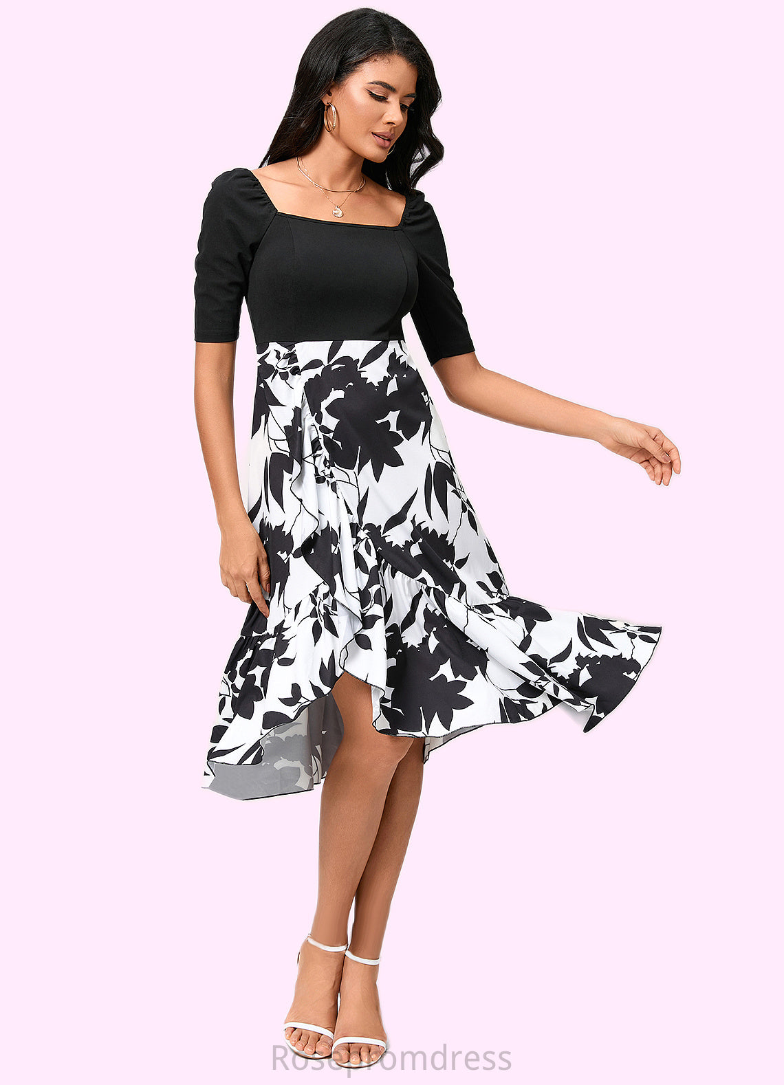 Daphne A-line Square Asymmetrical Polyester Cocktail Dress With Cascading Ruffles SRSP0022292