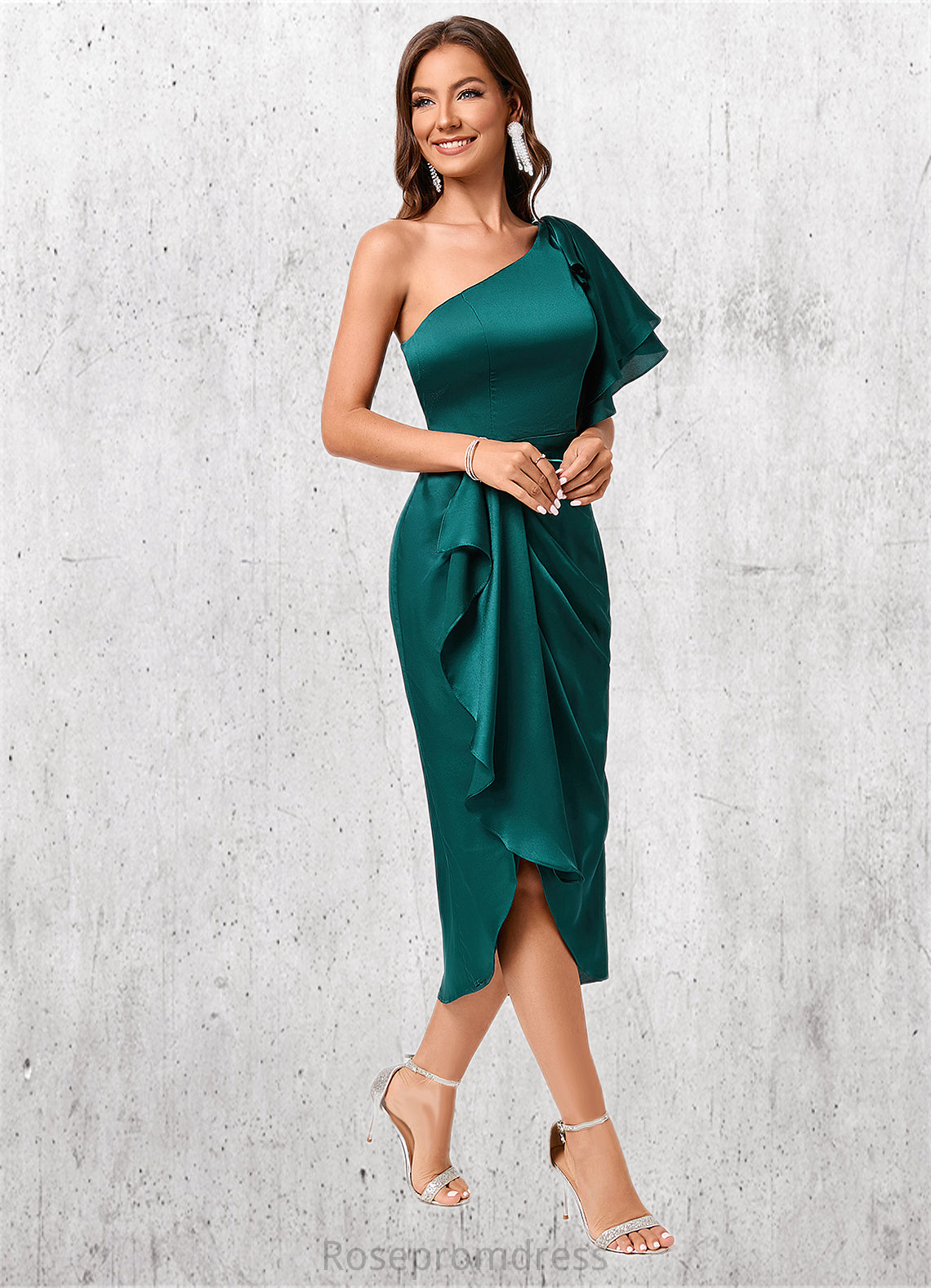 Rihanna Sheath/Column One Shoulder Asymmetrical Silky Satin Cocktail Dress With Ruffle SRSP0022293