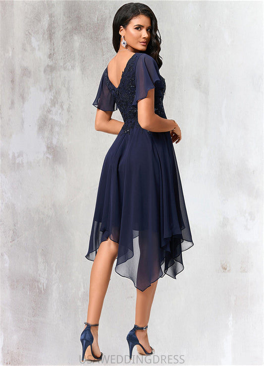 Alessandra A-line V-Neck Tea-Length Chiffon Cocktail Dress With Sequins DSP0022296