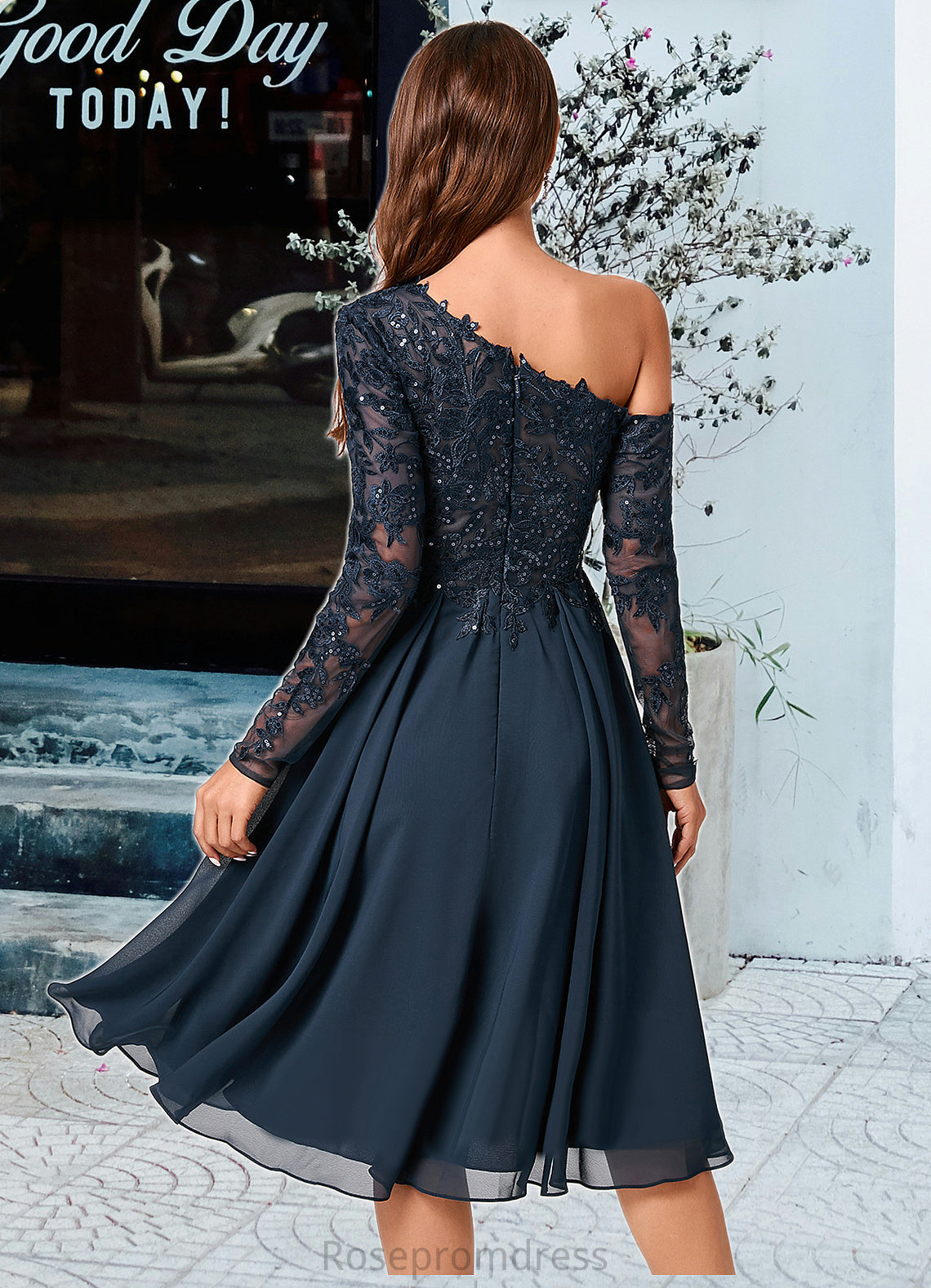 Ashley A-line One Shoulder Knee-Length Chiffon Lace Sequin Cocktail Dress With Sequins SRSP0022310