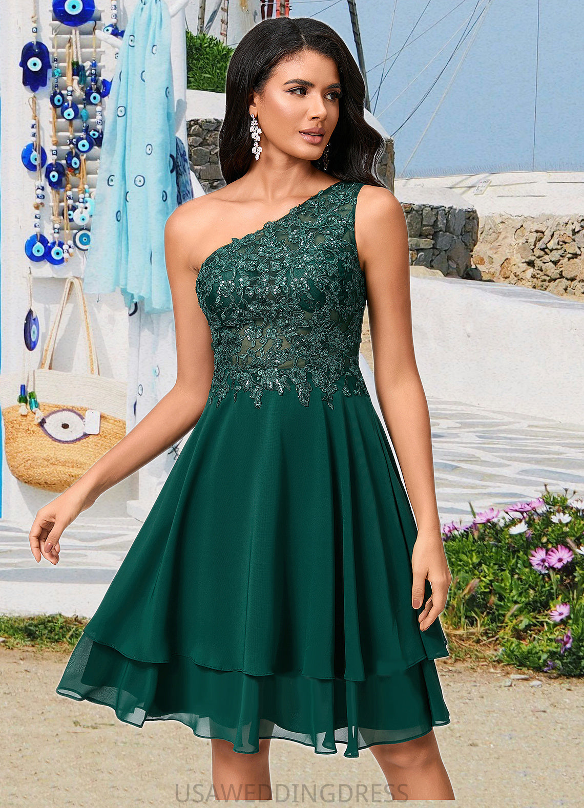 Louisa A-line One Shoulder Knee-Length Chiffon Lace Cocktail Dress With Sequins DSP0022313