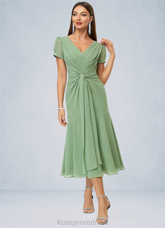 Krystal Trumpet/Mermaid V-Neck Tea-Length Chiffon Cocktail Dress With Pleated SRSP0022315