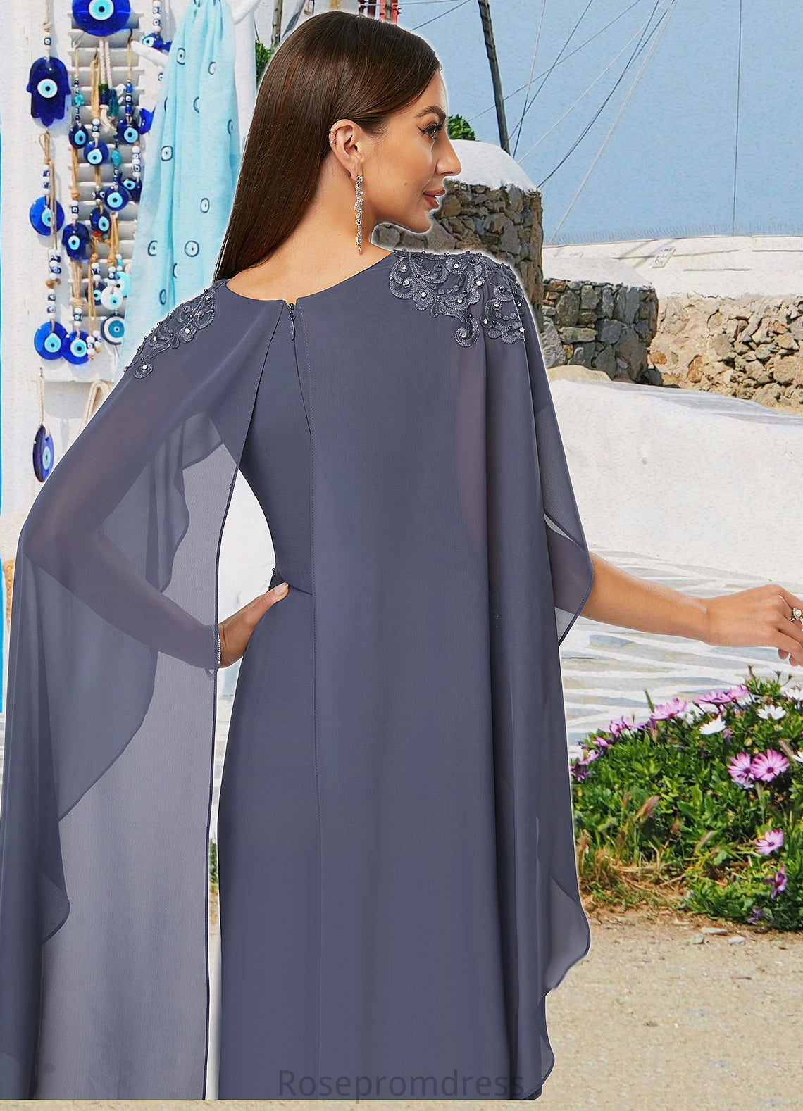 Adyson Sheath/Column Scoop Knee-Length Chiffon Cocktail Dress With Beading Appliques Lace SRSP0022316
