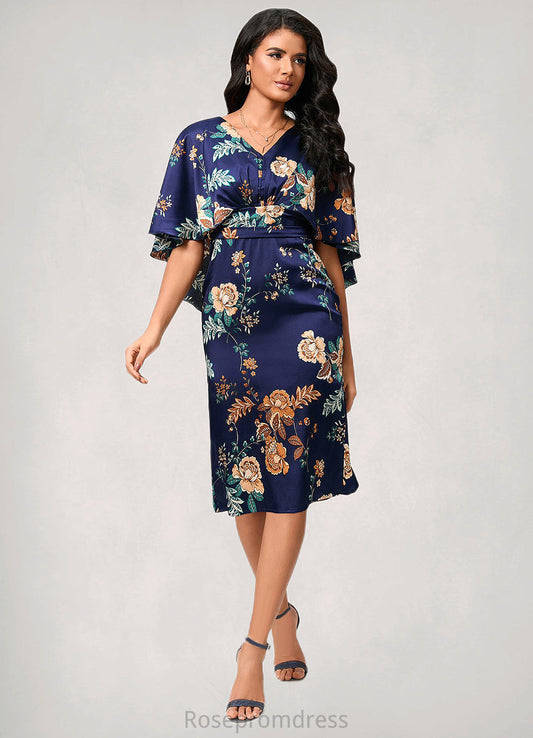 Nan Sheath/Column V-Neck Knee-Length Satin Cocktail Dress With Pleated SRSP0022317