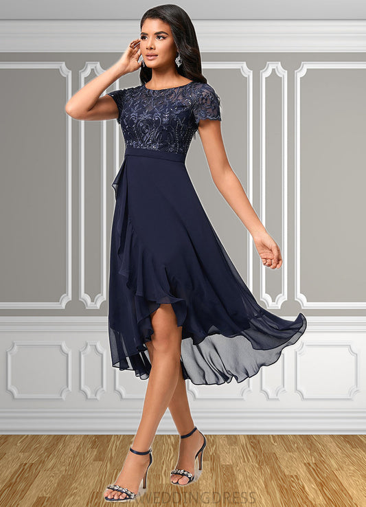 Ryann A-line Scoop Asymmetrical Chiffon Lace Cocktail Dress With Cascading Ruffles DSP0022334