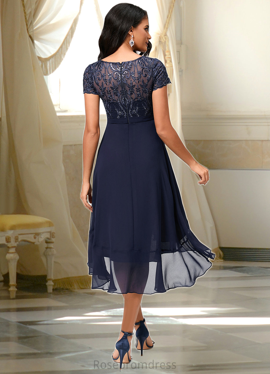 Siena A-line Scoop Asymmetrical Chiffon Lace Cocktail Dress With Cascading Ruffles SRSP0022334