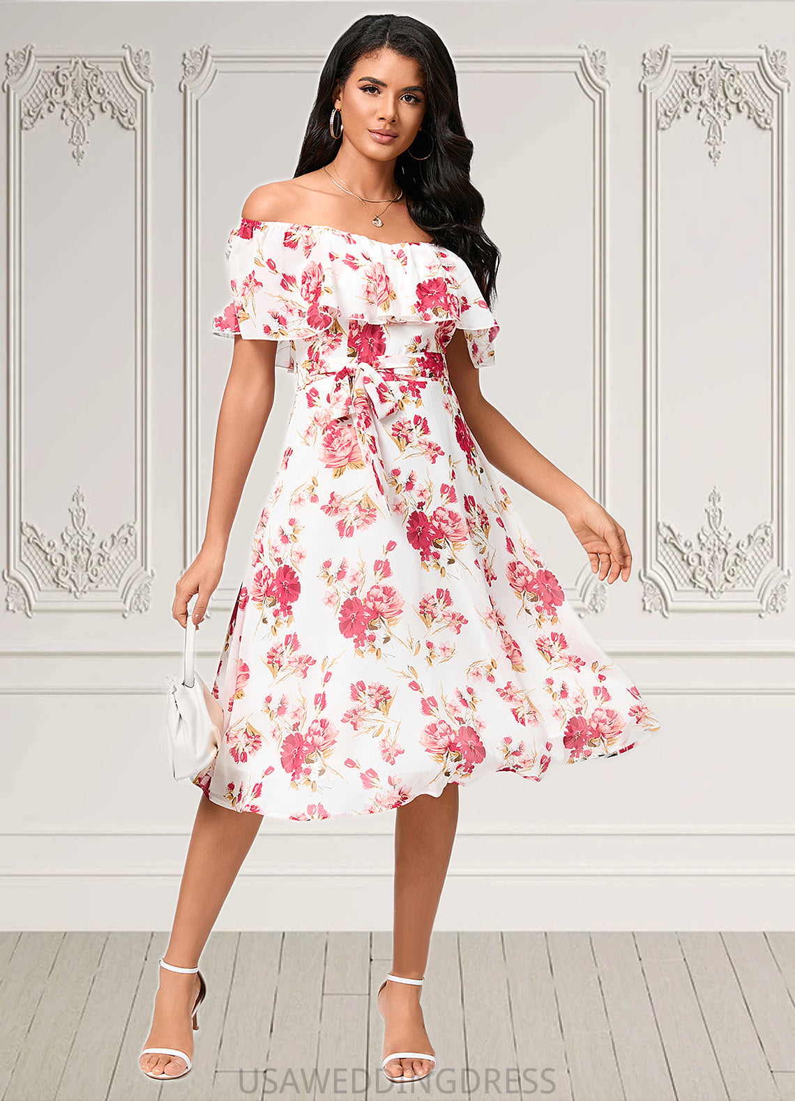 Lucia A-line Off the Shoulder Knee-Length Chiffon Cocktail Dress With Bow DSP0022337