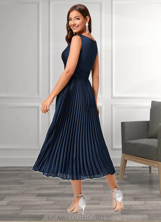 Brooklyn A-line V-Neck Tea-Length Silky Satin Cocktail Dress With Pleated Ruffle DSP0022341