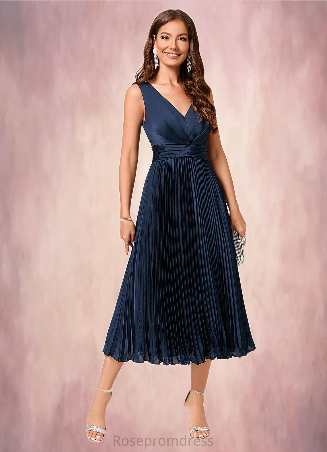 Jaqueline A-line V-Neck Tea-Length Silky Satin Cocktail Dress With Pleated Ruffle SRSP0022341
