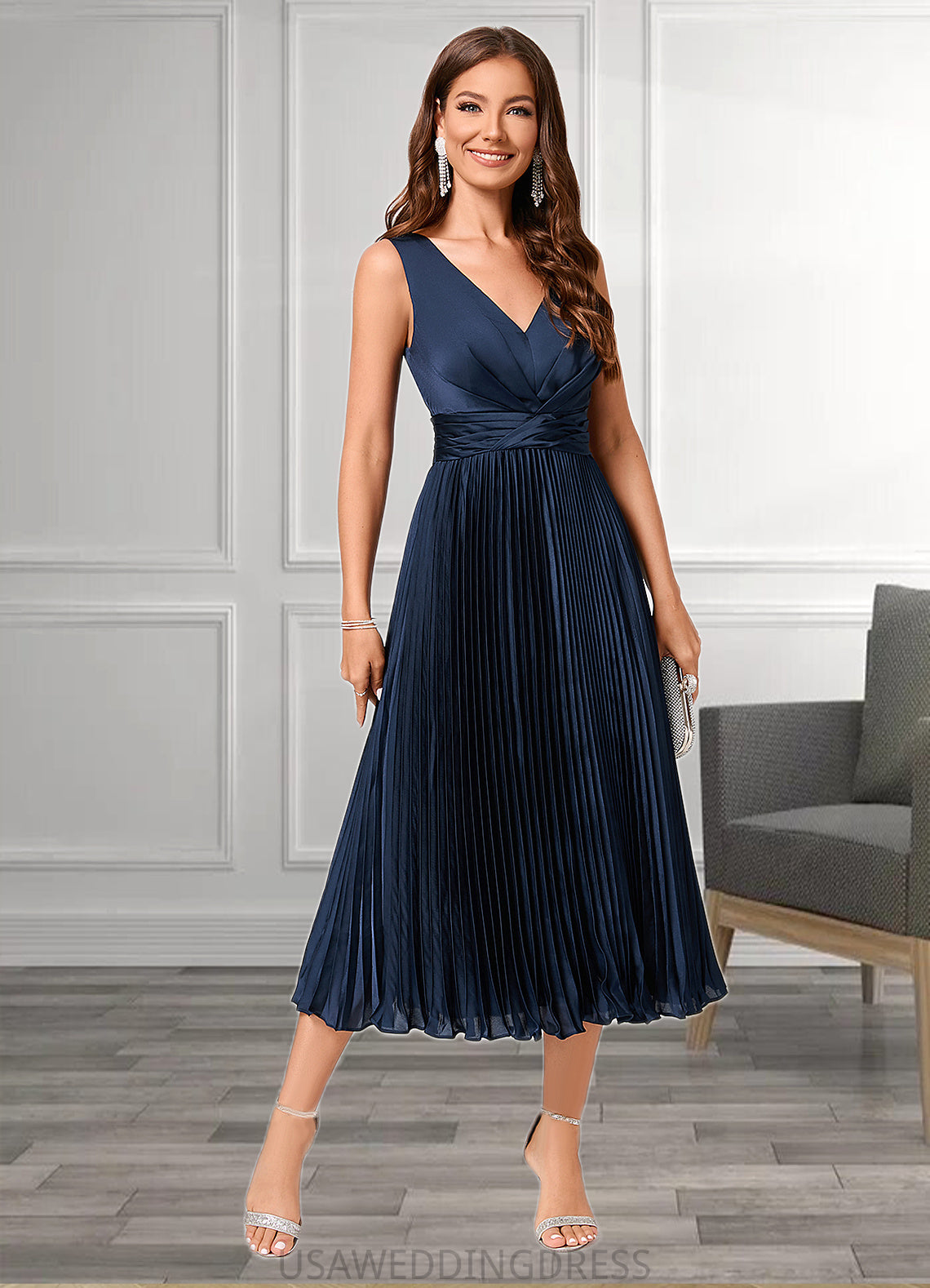 Brooklyn A-line V-Neck Tea-Length Silky Satin Cocktail Dress With Pleated Ruffle DSP0022341
