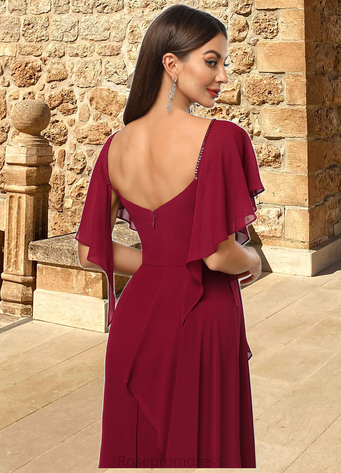 Kierra Sheath/Column V-Neck Knee-Length Chiffon Cocktail Dress With Beading Cascading Ruffles SRSP0022350