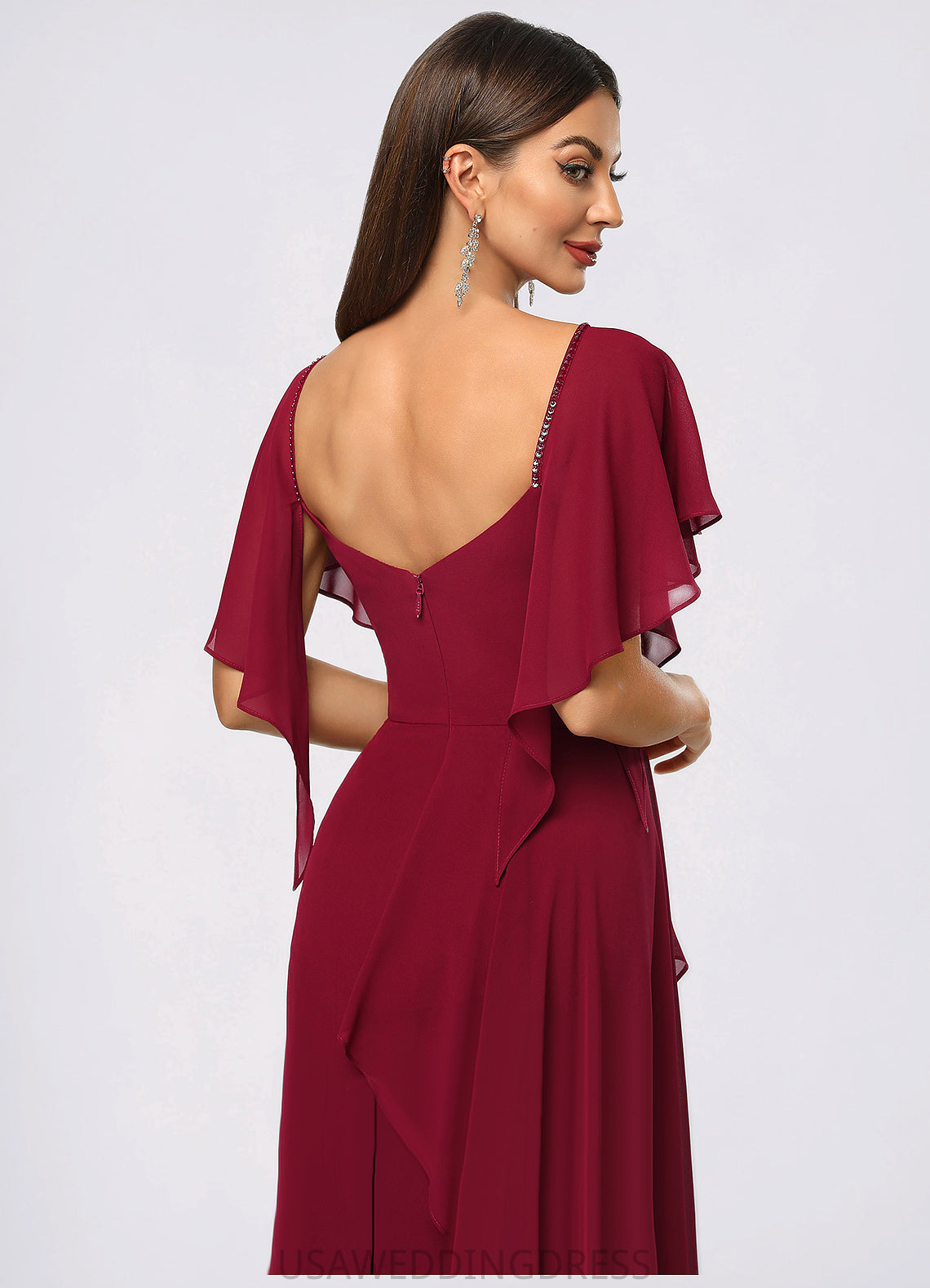 Cassandra Sheath/Column V-Neck Knee-Length Chiffon Cocktail Dress With Beading Cascading Ruffles DSP0022350