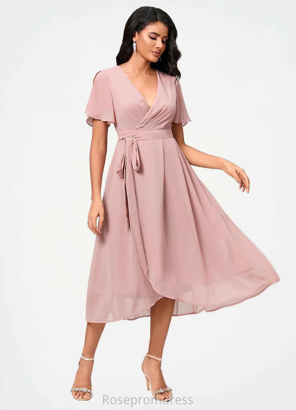 Scarlett A-line V-Neck Asymmetrical Chiffon Cocktail Dress With Bow Pleated SRSP0022368