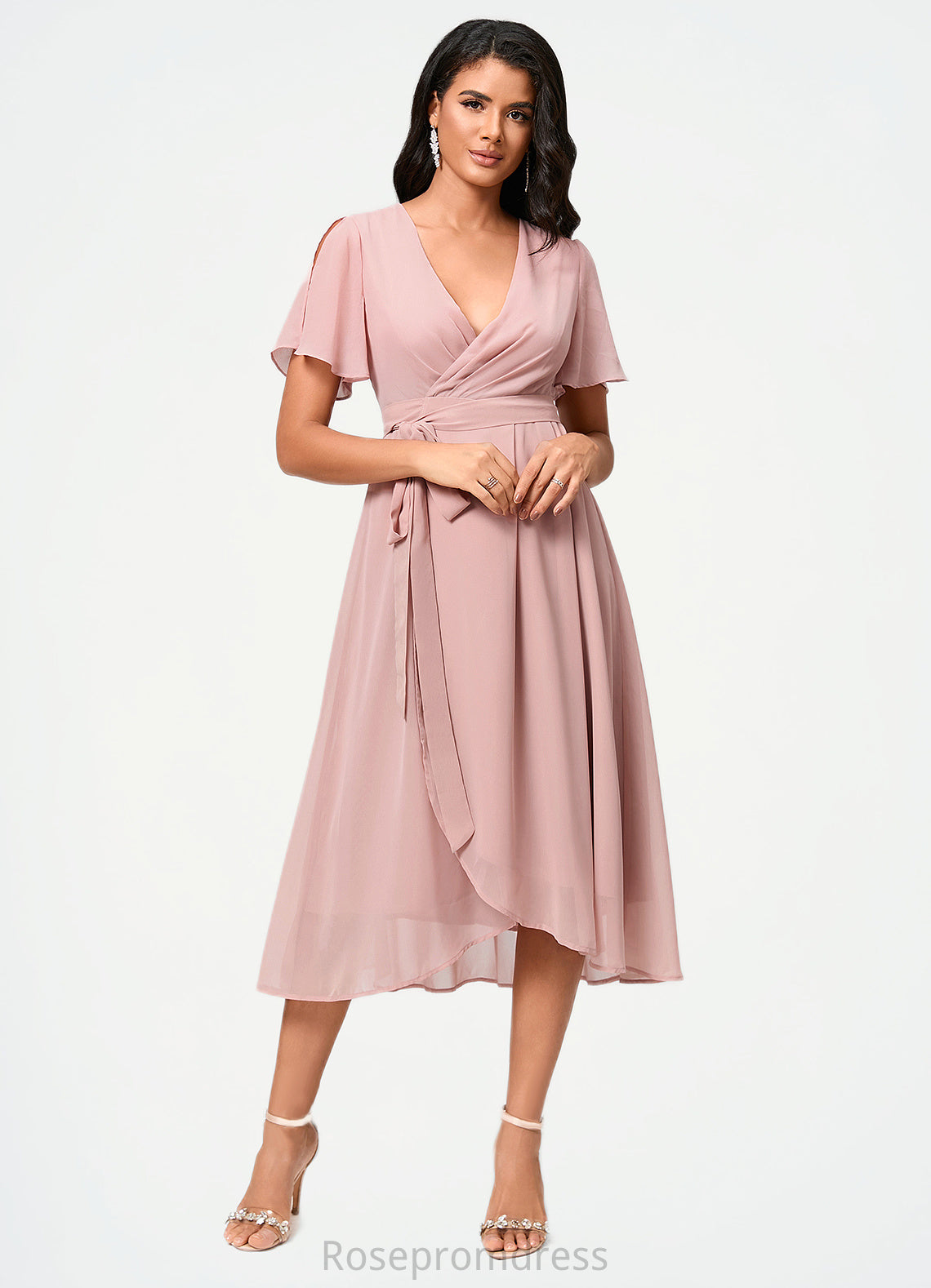 Scarlett A-line V-Neck Asymmetrical Chiffon Cocktail Dress With Bow Pleated SRSP0022368