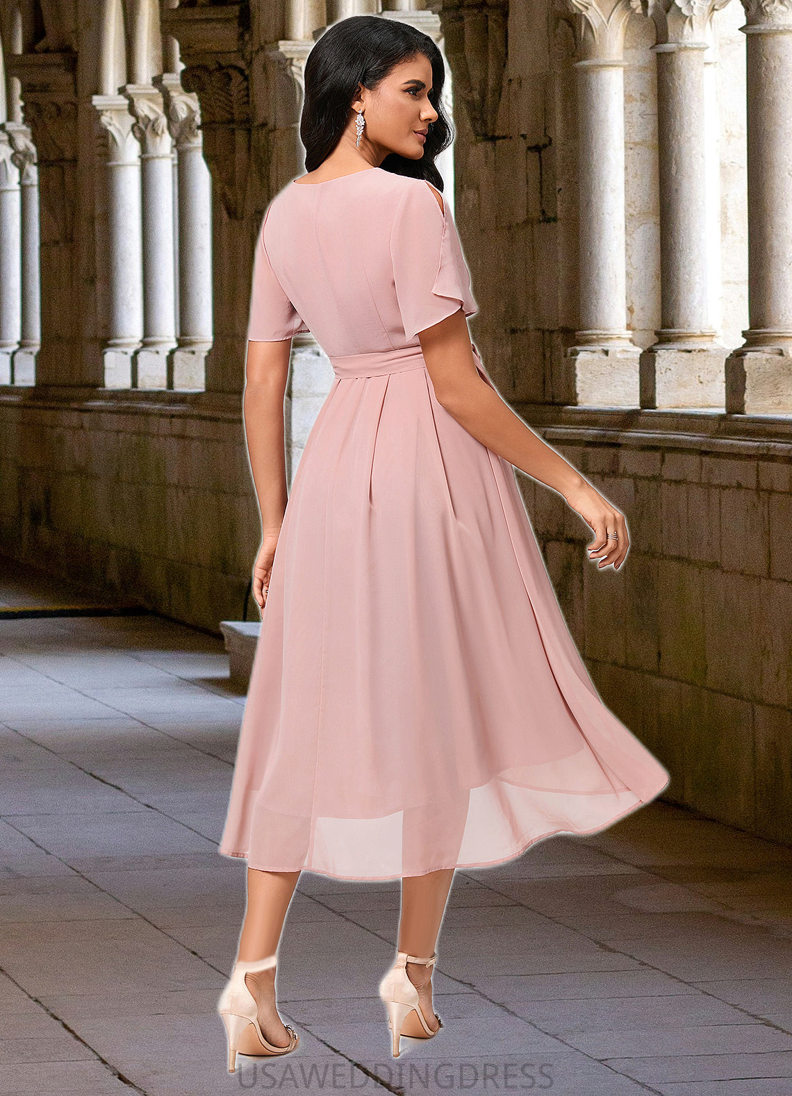 Hedda A-line V-Neck Asymmetrical Chiffon Cocktail Dress With Bow Pleated DSP0022368