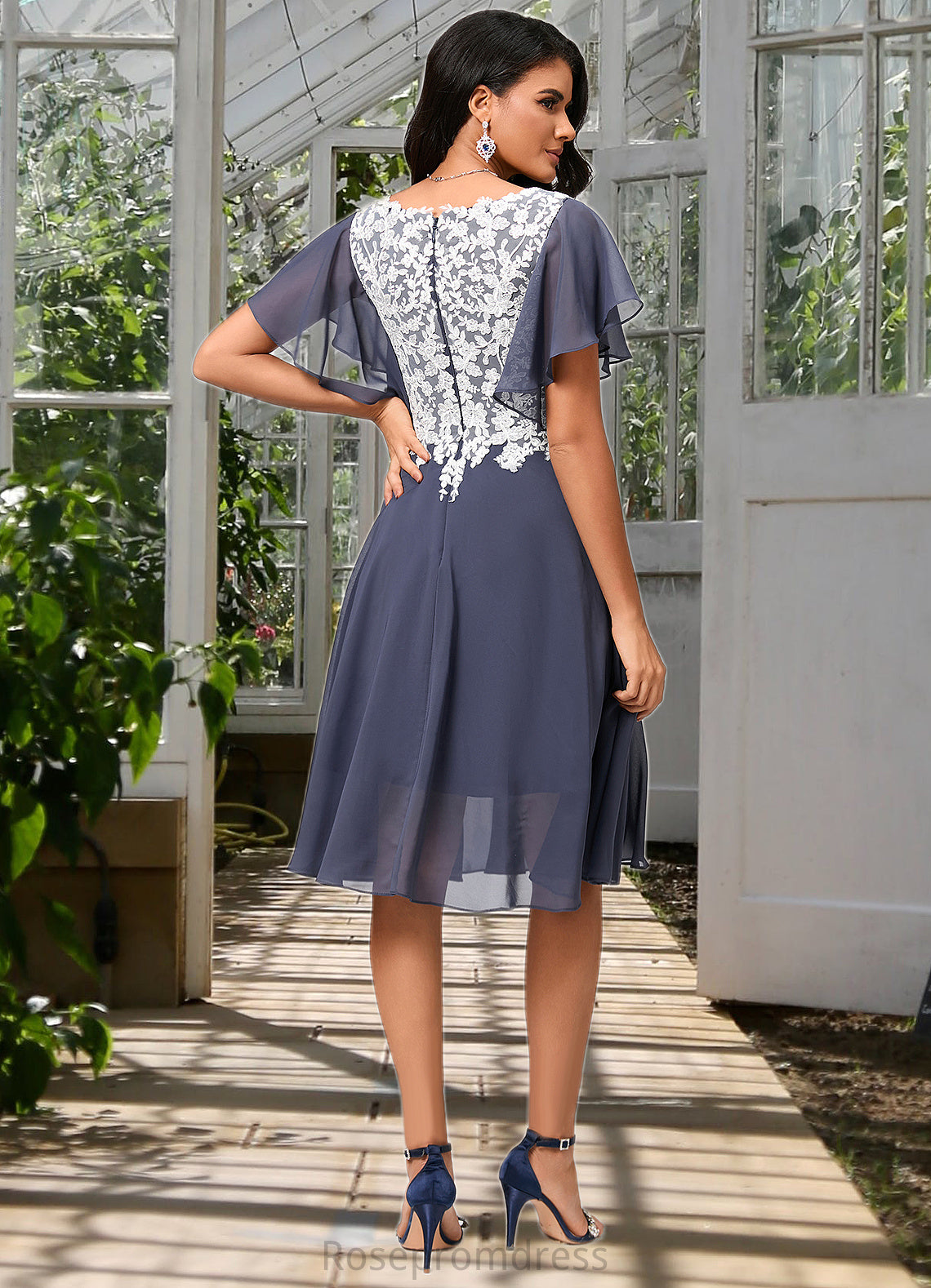 Eleanor A-line V-Neck Knee-Length Chiffon Lace Cocktail Dress SRSP0022376