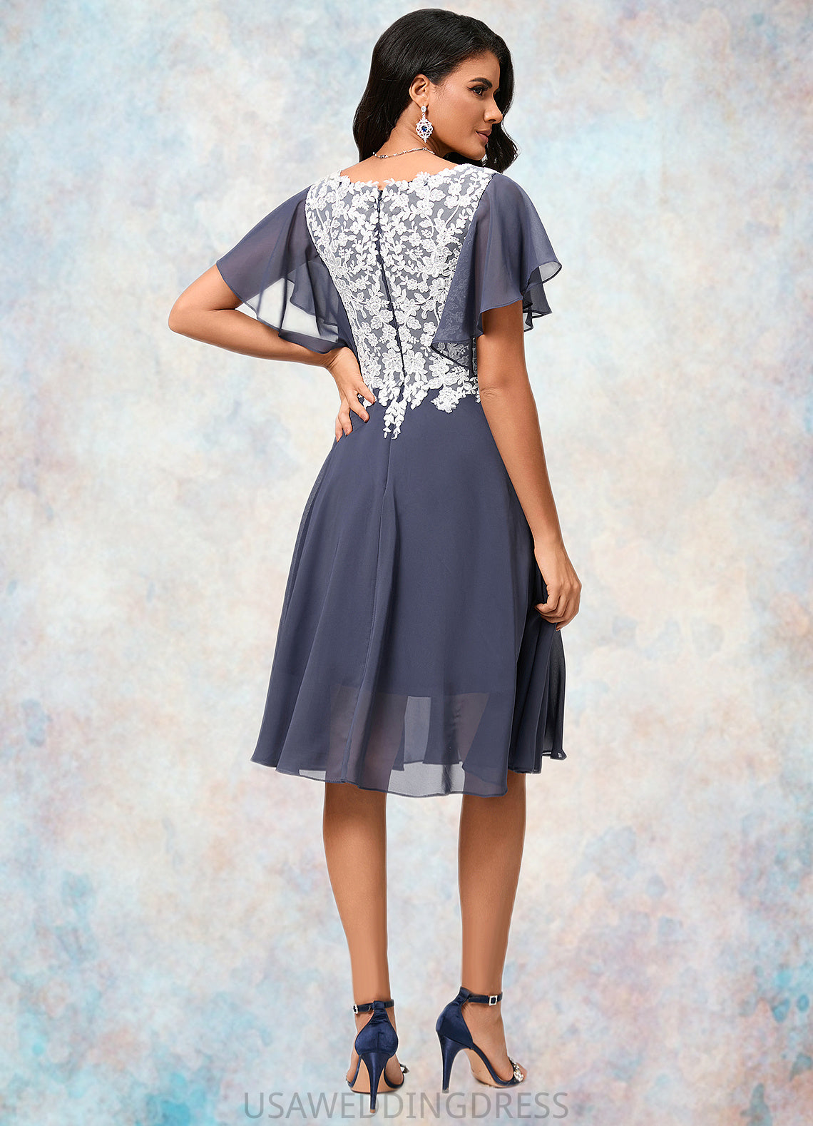 Selena A-line V-Neck Knee-Length Chiffon Lace Cocktail Dress DSP0022376