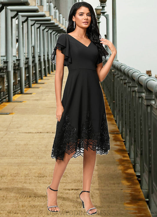 Nathalia A-line V-Neck Asymmetrical Chiffon Lace Cocktail Dress With Sequins DSP0022377