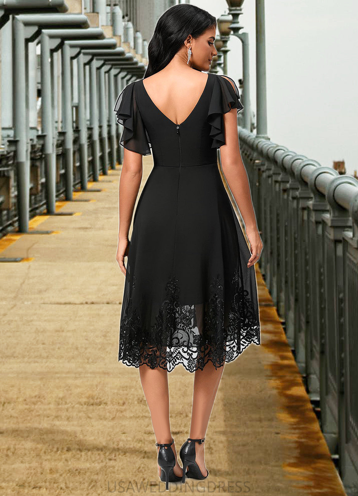 Nathalia A-line V-Neck Asymmetrical Chiffon Lace Cocktail Dress With Sequins DSP0022377