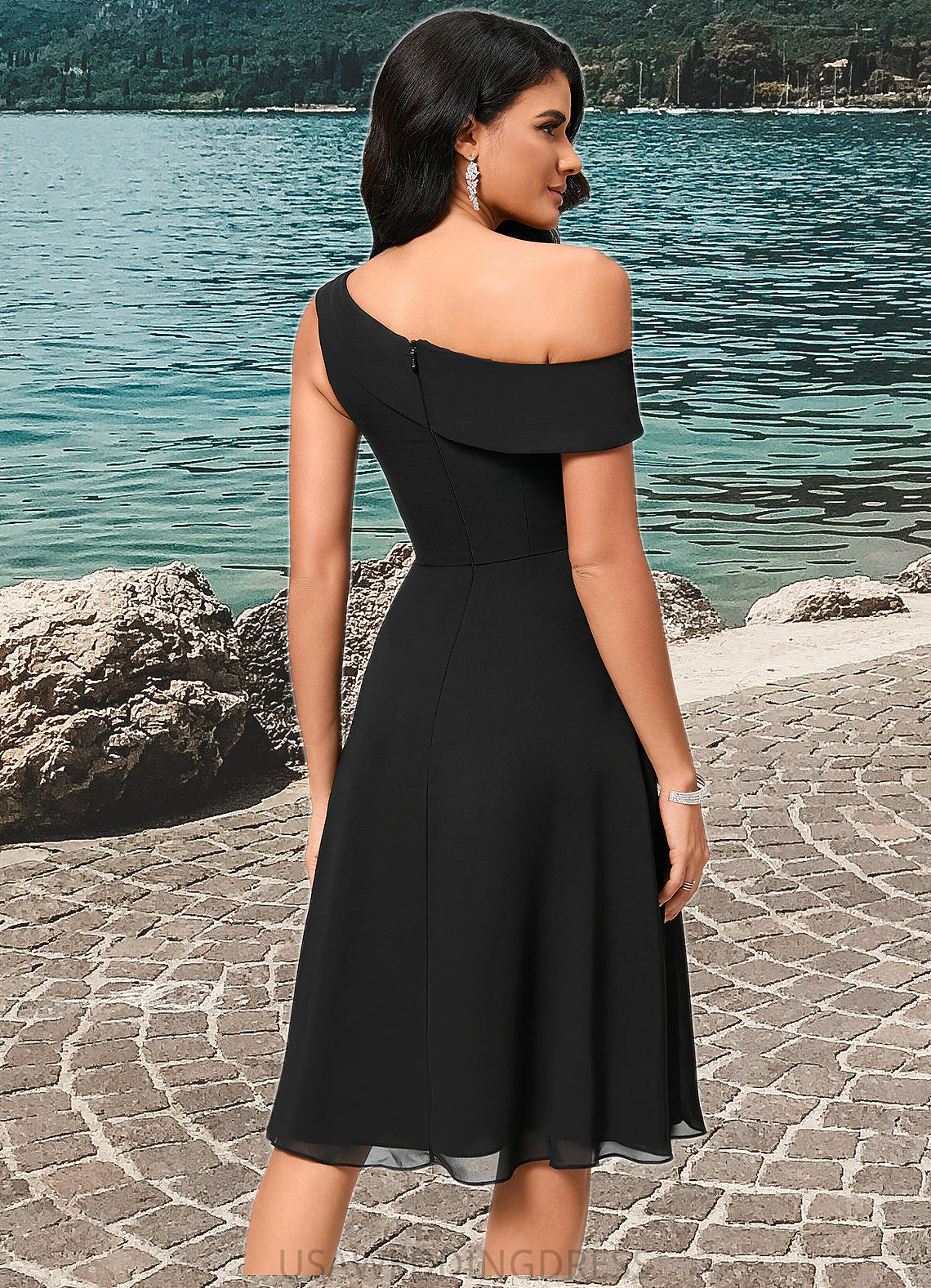 Poll A-line One Shoulder Tea-Length Chiffon Cocktail Dress With Ruffle DSP0022378