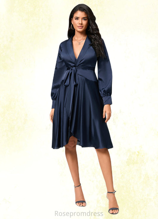 Alexandra A-line V-Neck Asymmetrical Silky Satin Cocktail Dress With Bow SRSP0022385