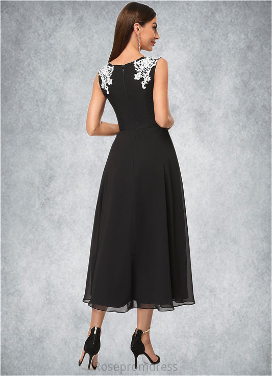 Adrienne A-line V-Neck Tea-Length Chiffon Lace Cocktail Dress With Appliques Lace SRSP0022387