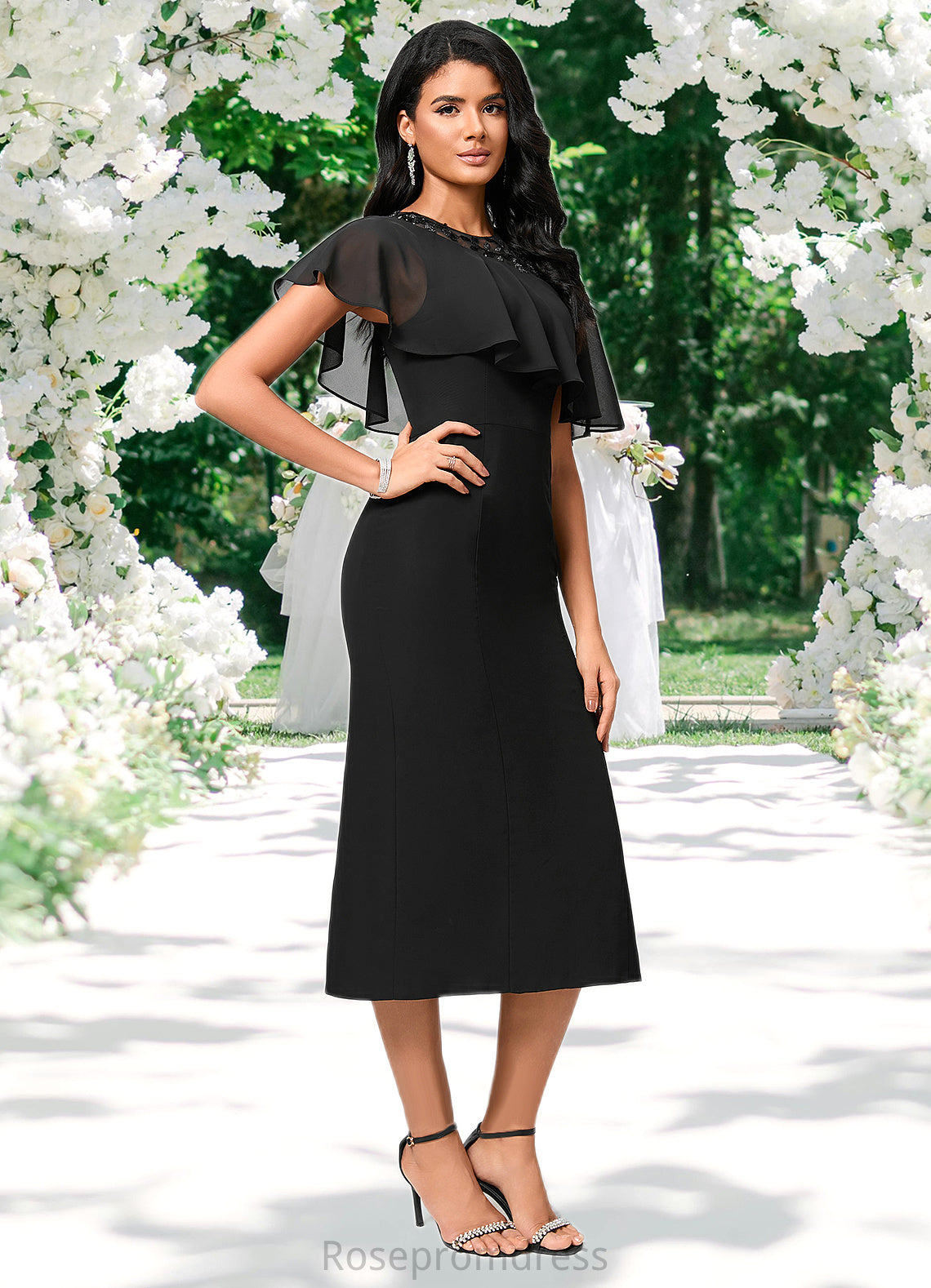 Stacy Sheath/Column Scoop Tea-Length Chiffon Cocktail Dress With Appliques Lace SRSP0022388