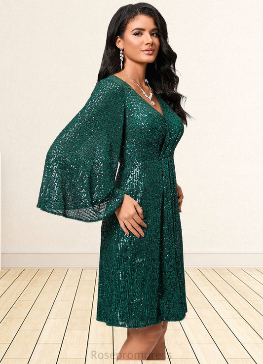 Ariana Sheath/Column V-Neck Knee-Length Sequin Cocktail Dress With Ruffle SRSP0022400