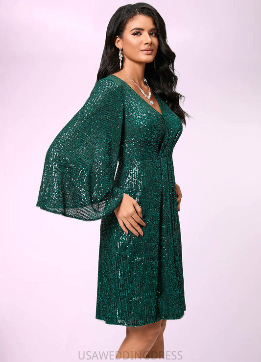 Phoenix Sheath/Column V-Neck Knee-Length Sequin Cocktail Dress With Ruffle DSP0022400