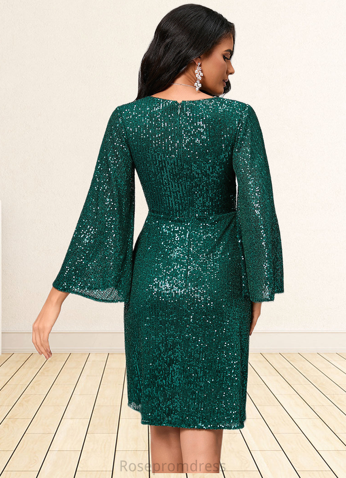 Ariana Sheath/Column V-Neck Knee-Length Sequin Cocktail Dress With Ruffle SRSP0022400