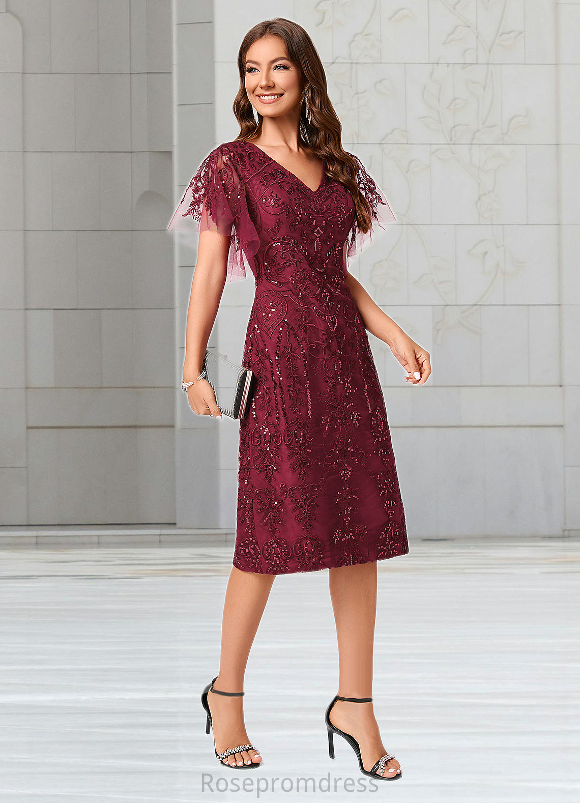 Hillary A-line Off the Shoulder Knee-Length Lace Sequin Cocktail Dress With Sequins SRSP0022420