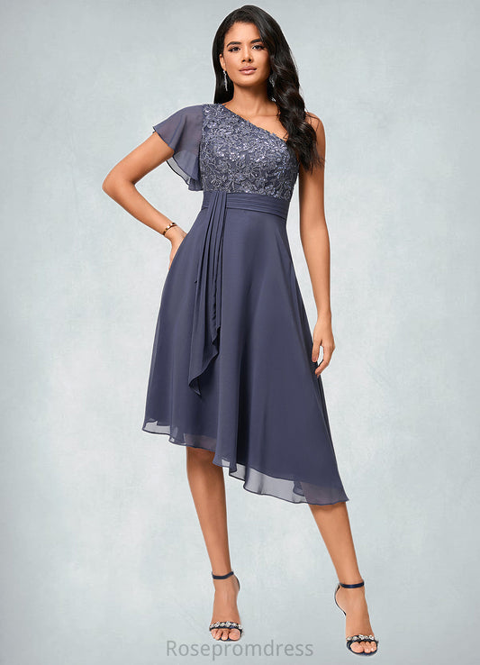 Caylee A-line One Shoulder Tea-Length Chiffon Cocktail Dress With Ruffle SRSP0022428