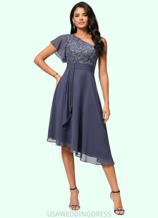 Jamya A-line One Shoulder Tea-Length Chiffon Cocktail Dress With Ruffle DSP0022428