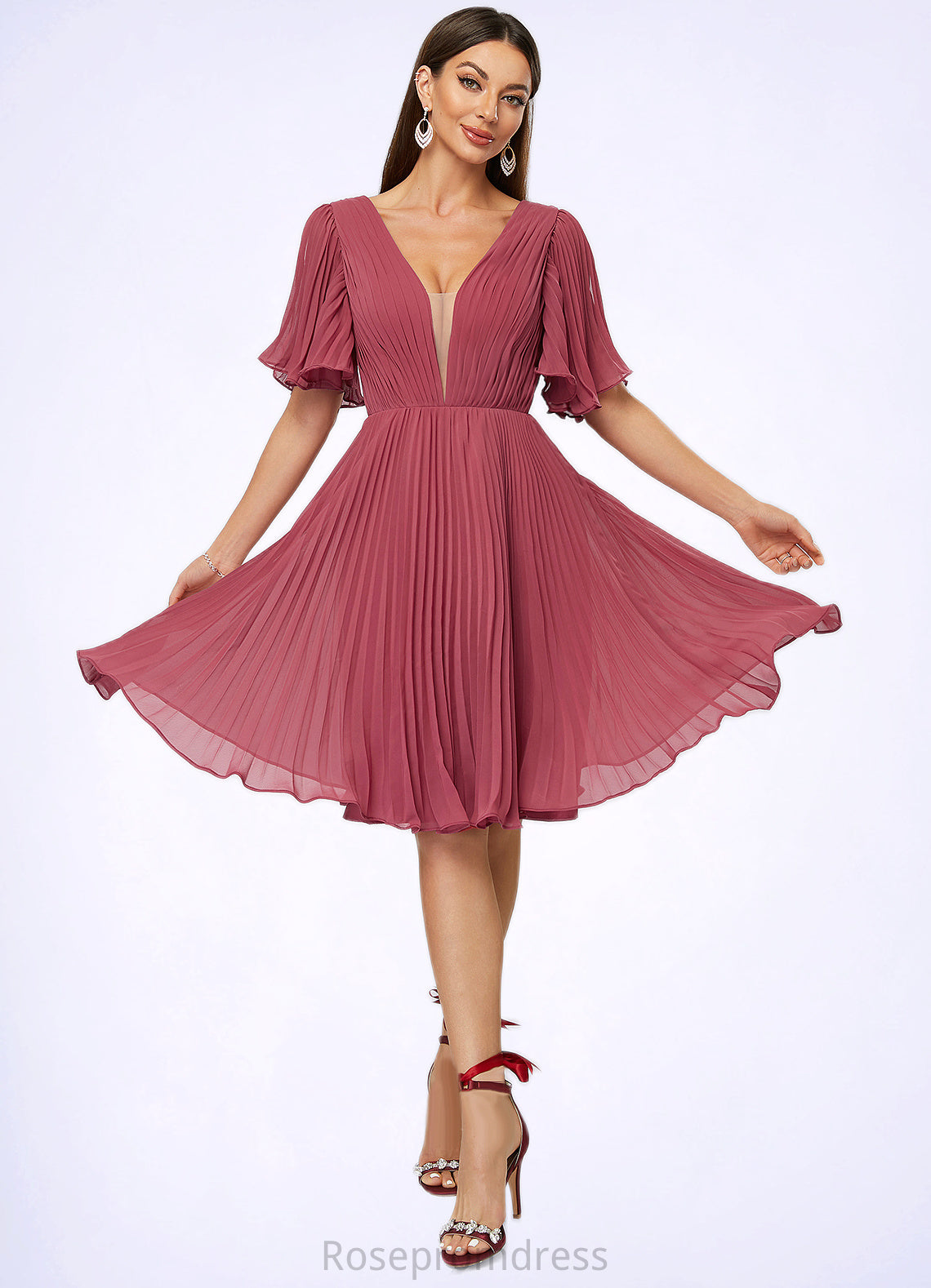 Tracy A-line V-Neck Knee-Length Chiffon Cocktail Dress With Pleated SRSP0022429