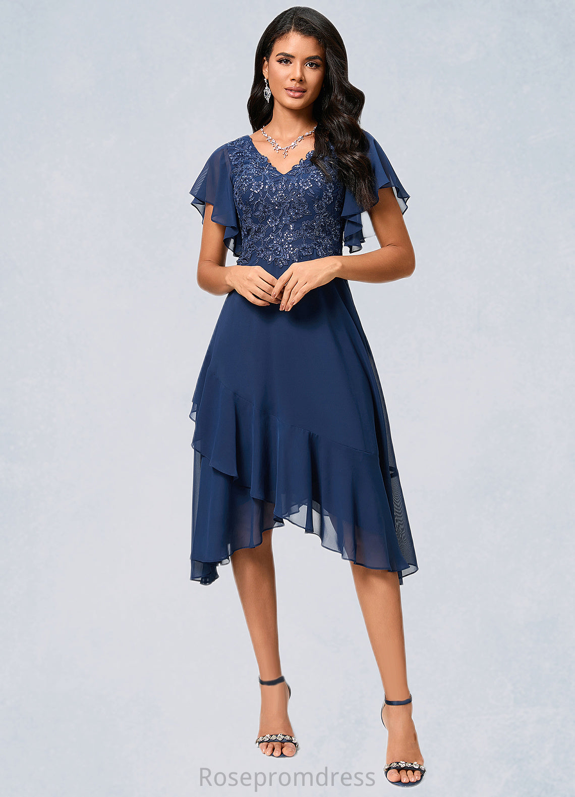 Julia A-line V-Neck Tea-Length Chiffon Lace Cocktail Dress With Cascading Ruffles SRSP0022430