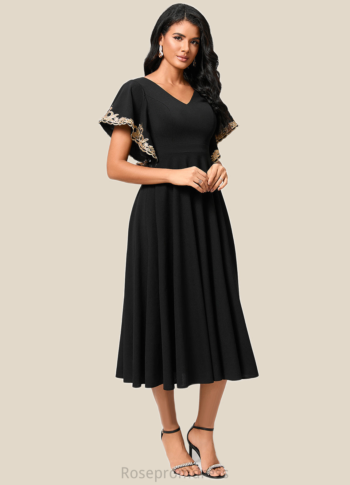 Estrella A-line V-Neck Tea-Length Stretch Crepe Cocktail Dress With Appliques Lace SRSP0022463