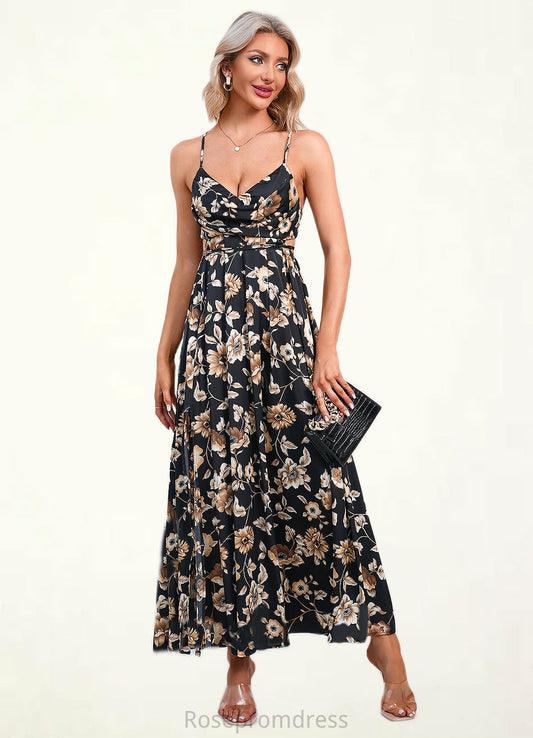 Penny Flower Ruffle Floral Print Cowl Sexy A-line Satin Maxi Dresses SRSP0022468