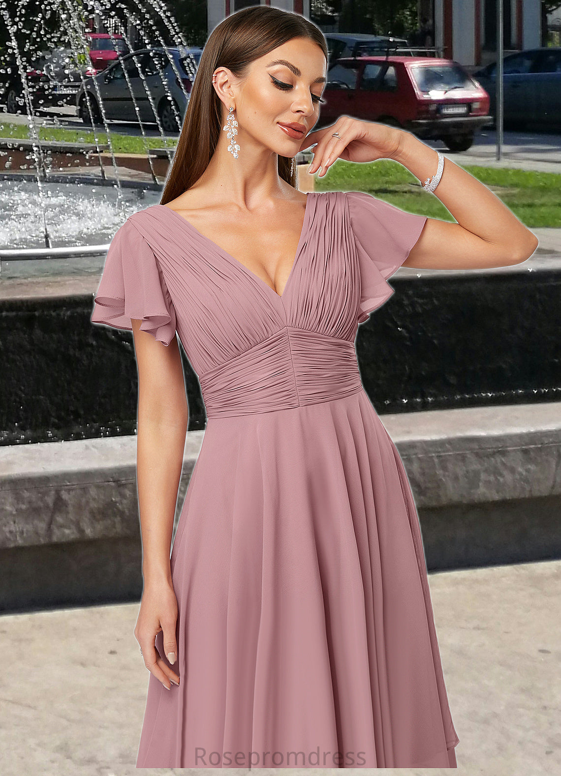 Winifred A-line V-Neck Ankle-Length Chiffon Cocktail Dress With Ruffle SRSP0022486