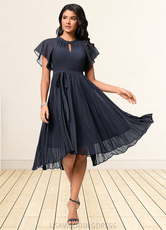 Karley A-line Scoop Asymmetrical Chiffon Cocktail Dress With Bow Pleated DSP0022530