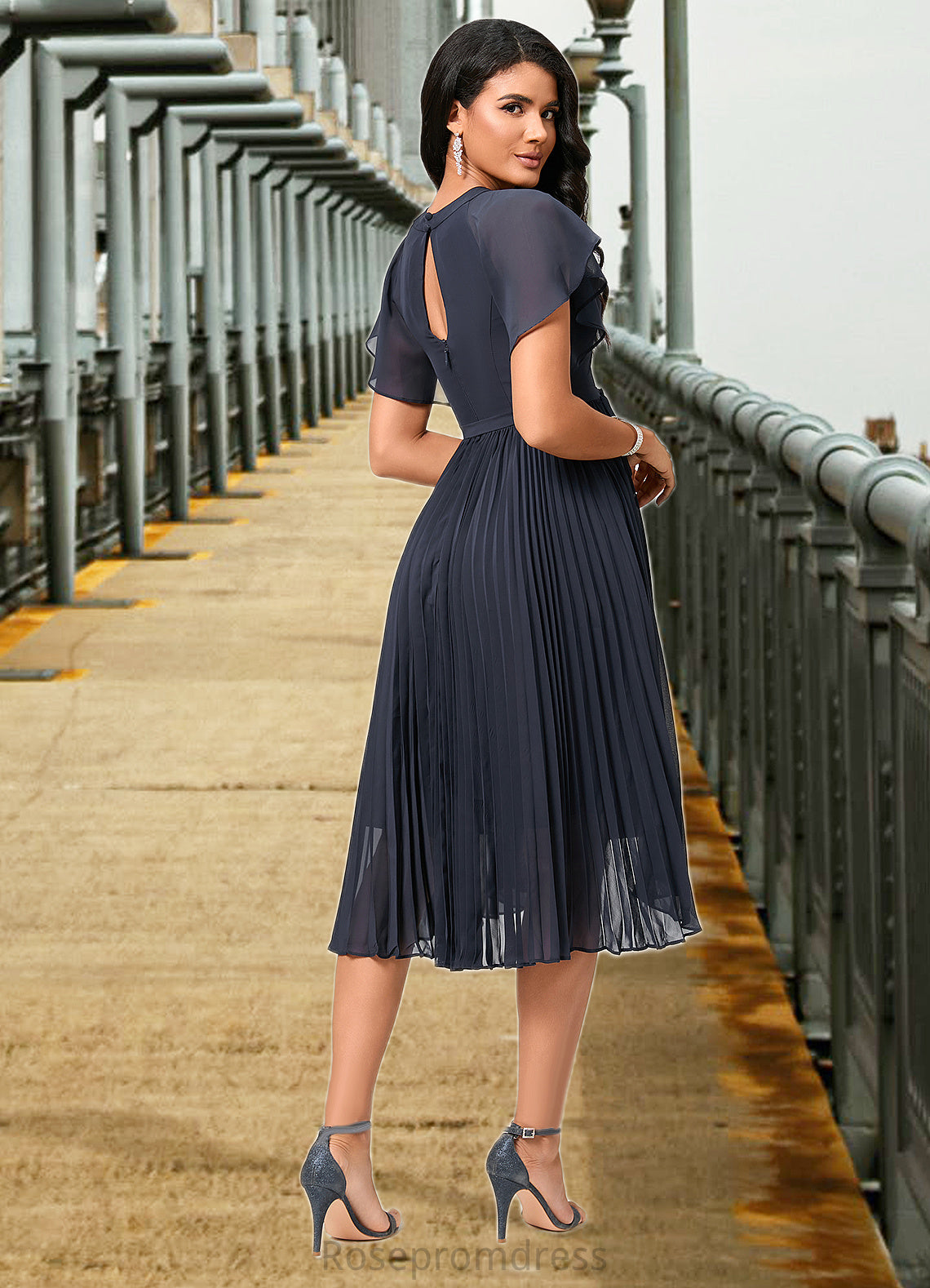 Karlee A-line Scoop Asymmetrical Chiffon Cocktail Dress With Bow Pleated SRSP0022530