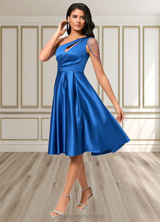 Aiyana A-line One Shoulder Knee-Length Satin Cocktail Dress With Beading Pleated SRSP0022531