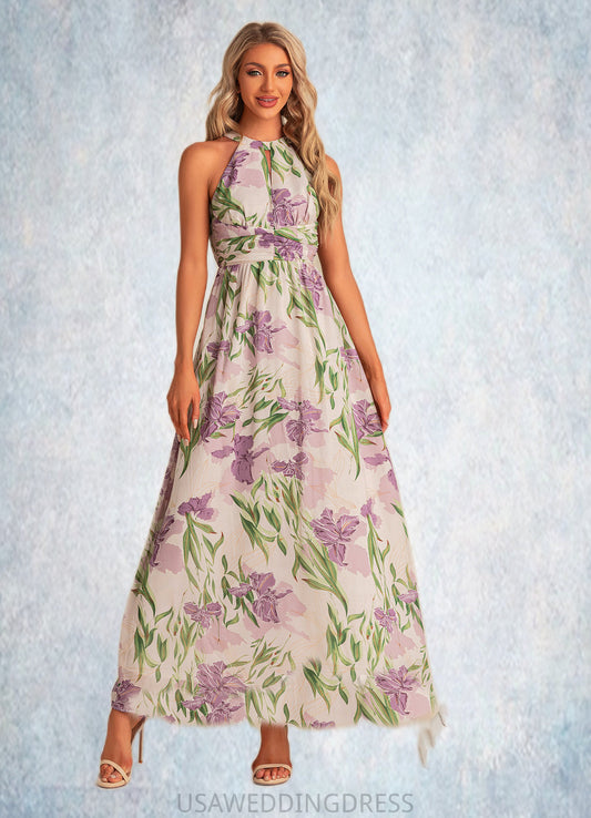 Aiyana A-line Halter Floor-Length Chiffon Bridesmaid Dress With Floral Print DSP0022565