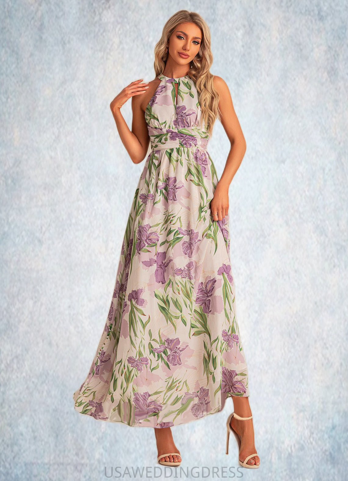 Aiyana A-line Halter Floor-Length Chiffon Bridesmaid Dress With Floral Print DSP0022565